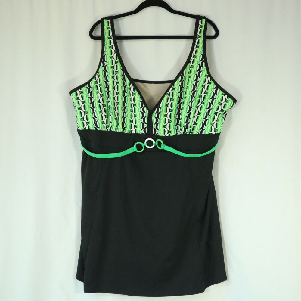 Inches Off Swim Dress Size 3X Built in Cups Black / Green Circles